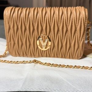Valentino Orlandi Tan Quilted Crossbody Bag with Gold Chain